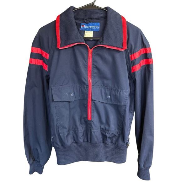 Vtg Obermeyer Anorak Sherpa Blue Jacket Red Striped Men's Medium Outdoors Preppy - Picture 1 of 9